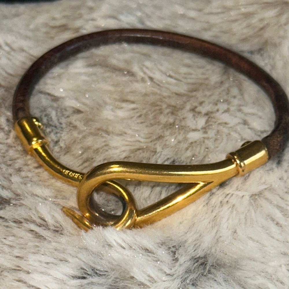 HERMĖS 18k Gold over Brass Hook Brown Leather Bracelet Preloved Mint Condition